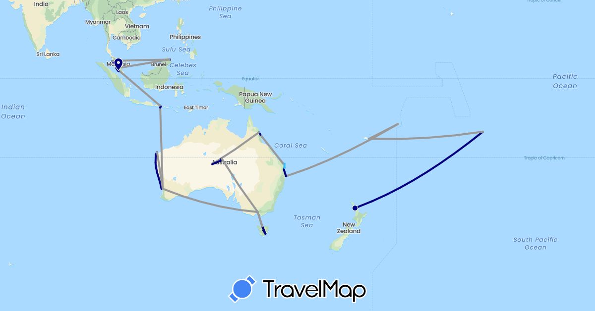 TravelMap itinerary: driving, plane, boat in Australia, Fiji, France, Indonesia, Malaysia, New Zealand, Samoa (Asia, Europe, Oceania)